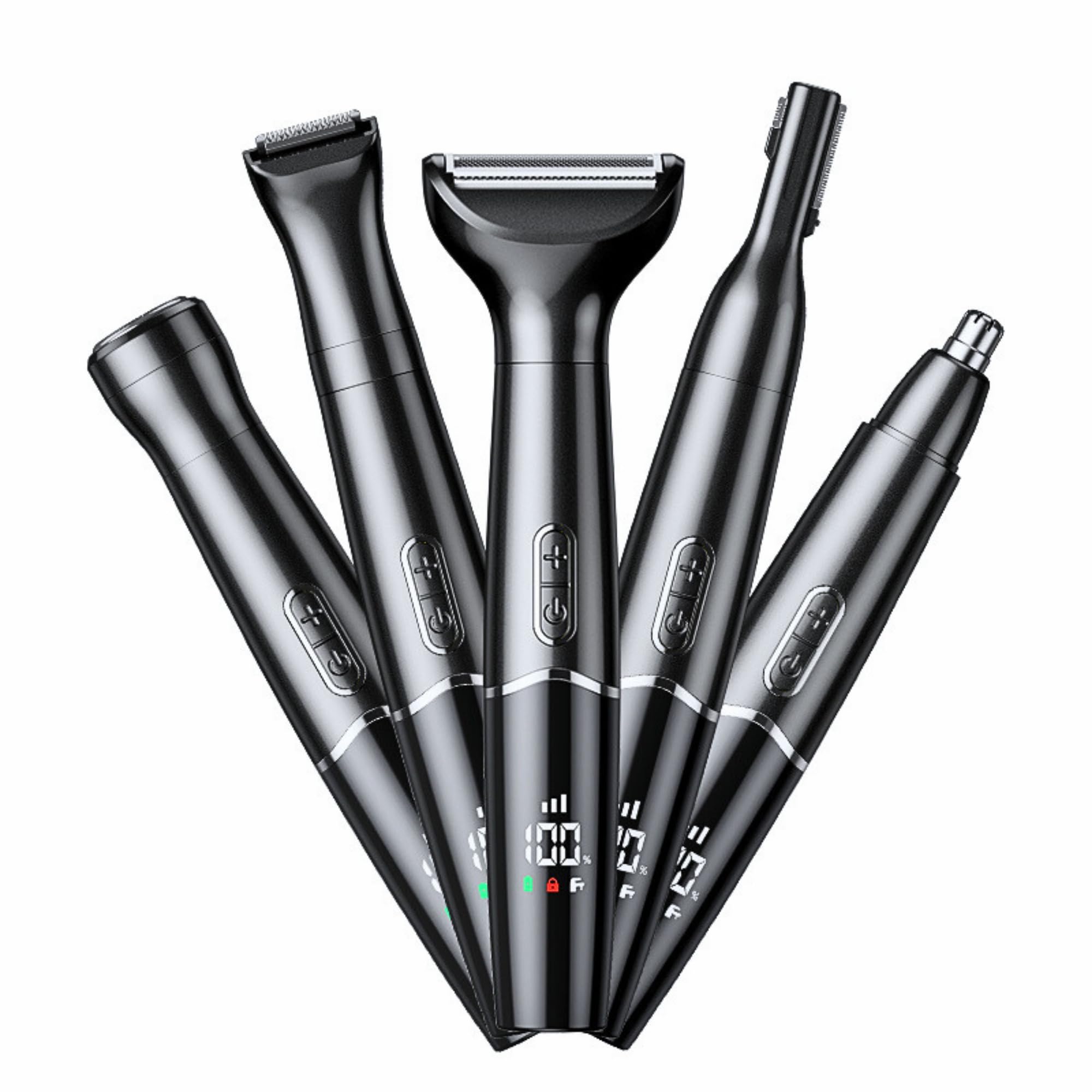 Nose Trimmer - 5-in-1 Rechargeable - Nose & Ear Hair Trimmer - IPX7 Waterproof - Two-Blade Trimming Set, Unisex, for Nose, Eyebrow, Beard, Bikini Line & Facial Hair Removal (Black)