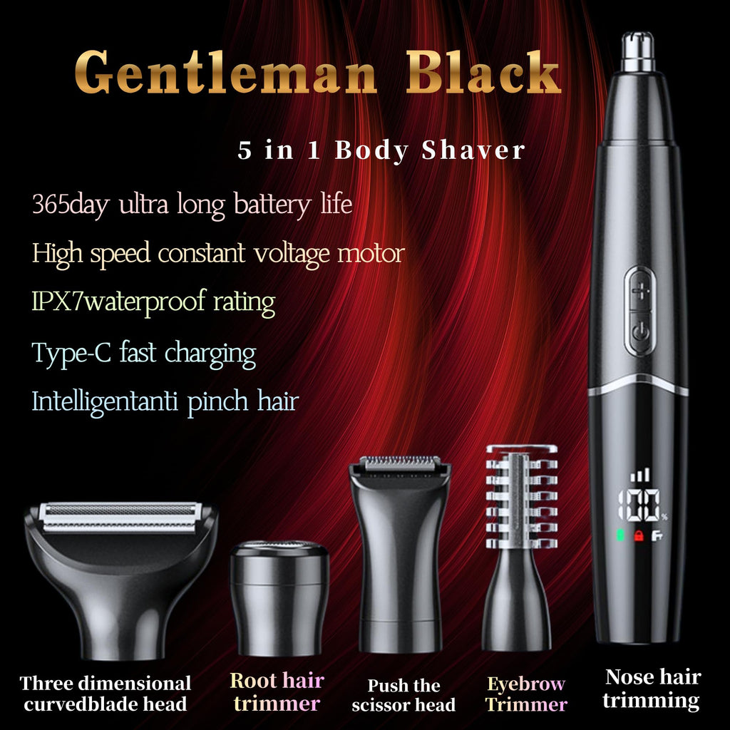 Nose Trimmer - 5-in-1 Rechargeable - Nose & Ear Hair Trimmer - IPX7 Waterproof - Two-Blade Trimming Set, Unisex, for Nose, Eyebrow, Beard, Bikini Line & Facial Hair Removal (Black)