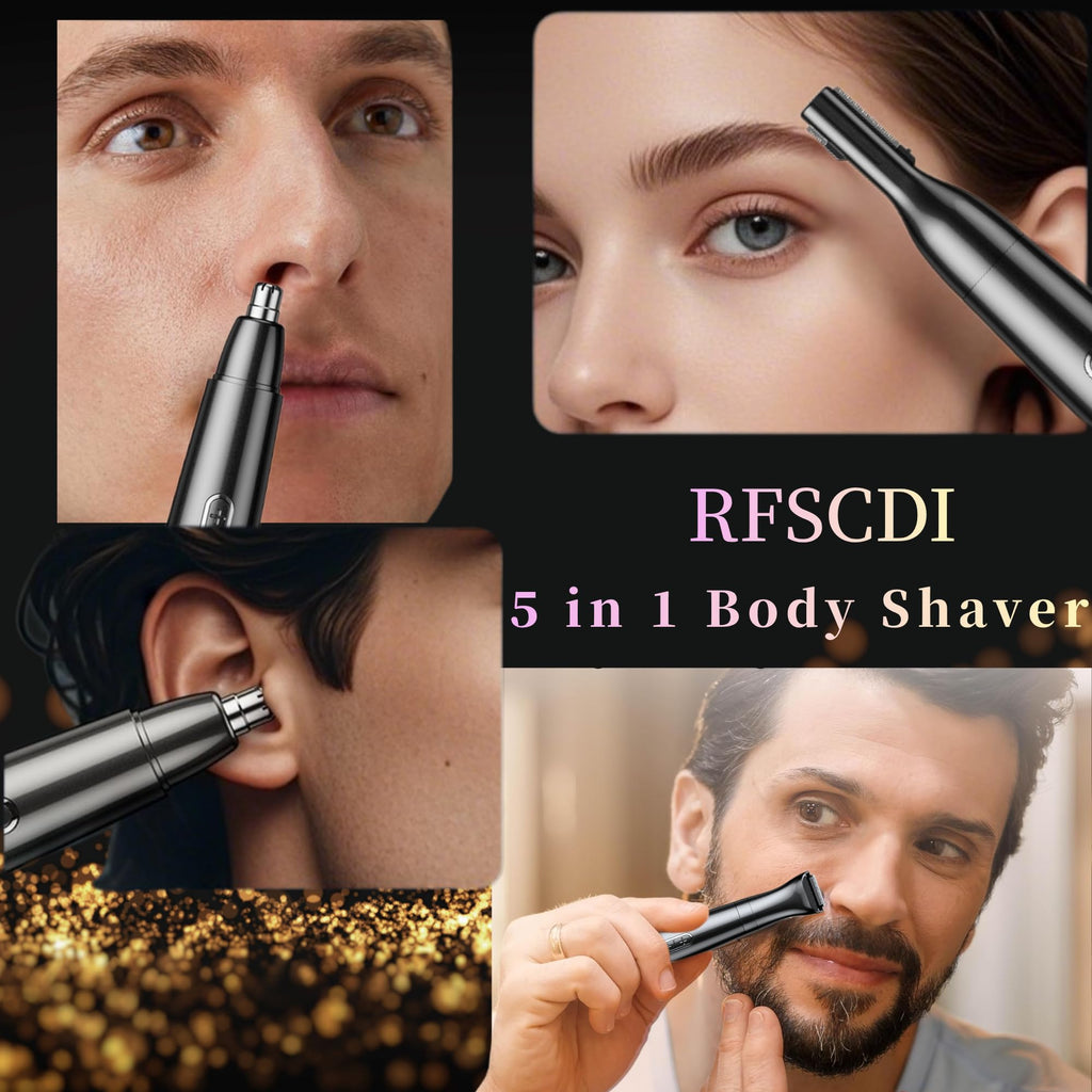 Nose Trimmer - 5-in-1 Rechargeable - Nose & Ear Hair Trimmer - IPX7 Waterproof - Two-Blade Trimming Set, Unisex, for Nose, Eyebrow, Beard, Bikini Line & Facial Hair Removal (Black)