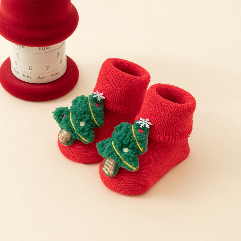 Baby Christmas Socks - Non-Slip Baby Socks - First Christmas - Warm House Socks - Snowman - Reindeer - Christmas Tree - Santa Hat - Christmas Gift - Booties - Winter Clothes - Maternity Gift - 3D Figures - Christmas Outfit - Red Mix - 6 Pairs