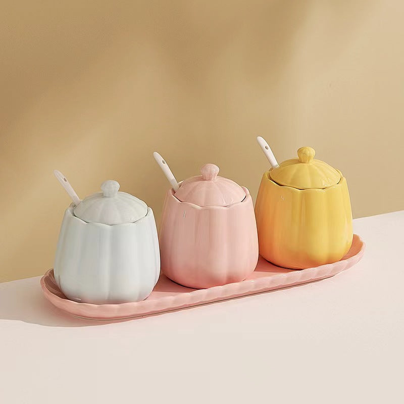 Spice Jars - Storage Jar Set - Sugar Bowl with Spoon - Kitchen Spice Rack - Salt Shaker - Salt and Pepper Shakers - Kitchen Accessories - Countertop Organizer - Spice Jars - Storage Jars with Lid - Ceramic - Multicolor - 3 Pieces