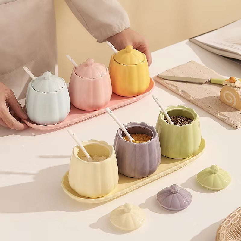 Spice Jars - Storage Jar Set - Sugar Bowl with Spoon - Kitchen Spice Rack - Salt Shaker - Salt and Pepper Shakers - Kitchen Accessories - Countertop Organizer - Spice Jars - Storage Jars with Lid - Ceramic - Multicolor - 3 Pieces