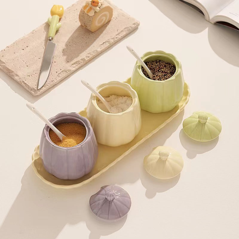 Spice Jars - Storage Jar Set - Sugar Bowl with Spoon - Kitchen Spice Rack - Salt Shaker - Salt and Pepper Shakers - Kitchen Accessories - Countertop Organizer - Spice Jars - Storage Jars with Lid - Ceramic - Multicolor - 3 Pieces