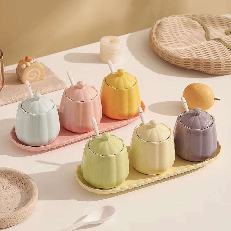 Spice Jars - Storage Jar Set - Sugar Bowl with Spoon - Kitchen Spice Rack - Salt Shaker - Salt and Pepper Shakers - Kitchen Accessories - Countertop Organizer - Spice Jars - Storage Jars with Lid - Ceramic - Multicolor - 3 Pieces