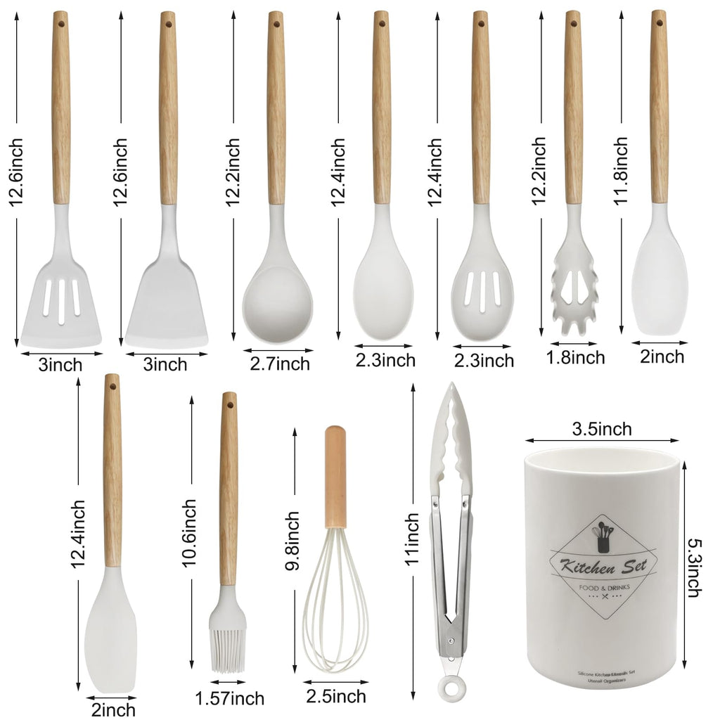 Kitchen Utensil Set - Silicone Spatula Set - Cooking Utensils with Holder - Wooden Spoons - Non-Stick - Pan Scrapers - Heat Resistant - Whisk - Serving Tongs - Baking Utensils - Kitchen Starter Kit - Scratch-Free - White - 12 Pieces