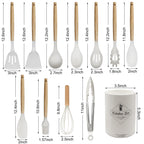 Kitchen Utensil Set - Silicone Spatula Set - Cooking Utensils with Holder - Wooden Spoons - Non-Stick - Pan Scrapers - Heat Resistant - Whisk - Serving Tongs - Baking Utensils - Kitchen Starter Kit - Scratch-Free - White - 12 Pieces
