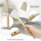 Kitchen Utensil Set - Silicone Spatula Set - Cooking Utensils with Holder - Wooden Spoons - Non-Stick - Pan Scrapers - Heat Resistant - Whisk - Serving Tongs - Baking Utensils - Kitchen Starter Kit - Scratch-Free - White - 12 Pieces