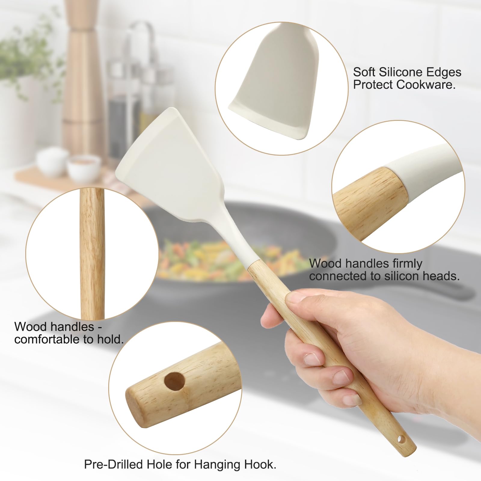 Kitchen Utensil Set - Silicone Spatula Set - Cooking Utensils with Holder - Wooden Spoons - Non-Stick - Pan Scrapers - Heat Resistant - Whisk - Serving Tongs - Baking Utensils - Kitchen Starter Kit - Scratch-Free - White - 12 Pieces
