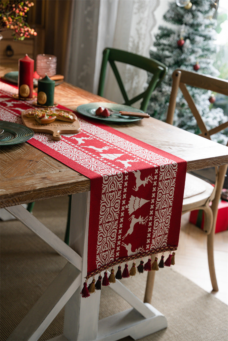 Christmas Table Runner - Christmas Tablecloth - Christmas Table Decoration - Christmas Decoration - Table Decoration - Reindeer - Christmas Tree - Snowflake - Holidays - Luxury Dinner - Winter - 35 x 180 cm - Red White - 1 Piece