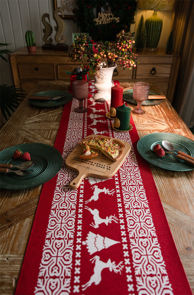 Christmas Table Runner - Christmas Tablecloth - Christmas Table Decoration - Christmas Decoration - Table Decoration - Reindeer - Christmas Tree - Snowflake - Holidays - Luxury Dinner - Winter - 35 x 180 cm - Red White - 1 Piece