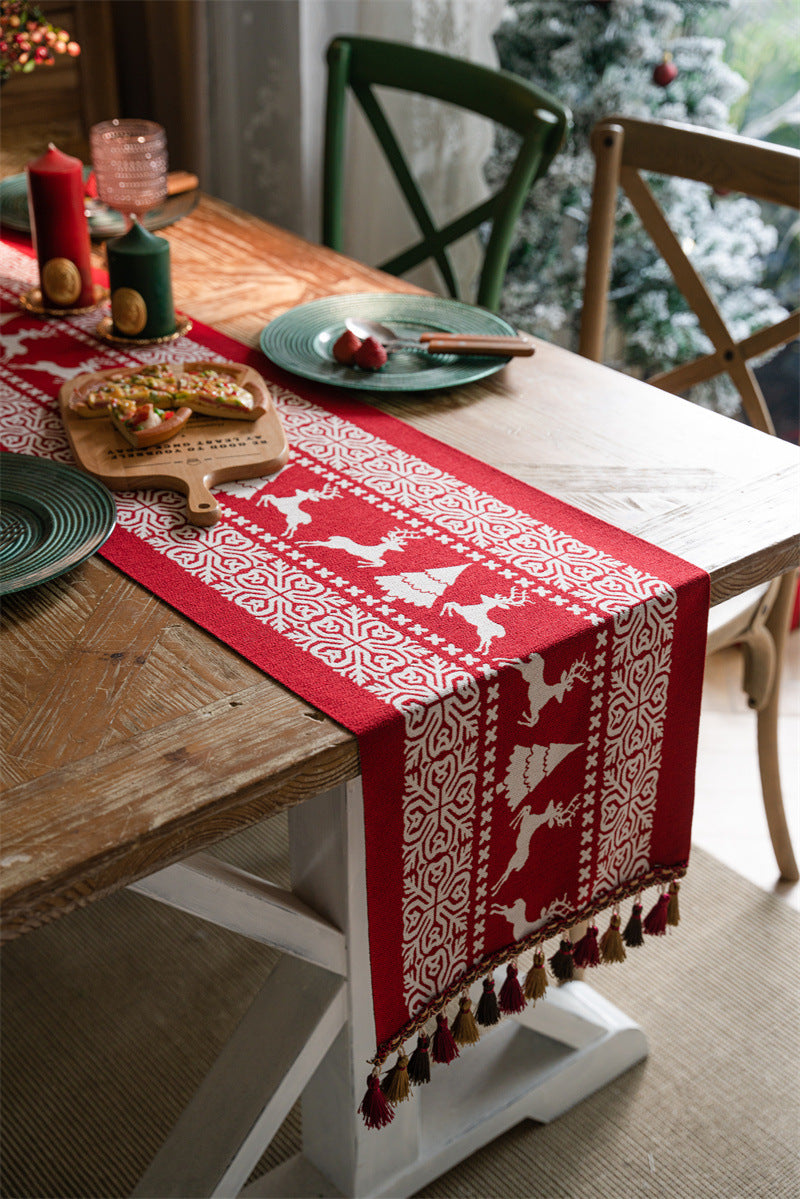 Christmas Table Runner - Christmas Tablecloth - Christmas Table Decoration - Christmas Decoration - Table Decoration - Reindeer - Christmas Tree - Snowflake - Holidays - Luxury Dinner - Winter - 35 x 180 cm - Red White - 1 Piece