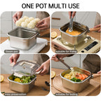 Induction Saucepan - Mini Deep Fryer - Milk Pan - Square Cooking Pot - Stainless Steel - With Frying Basket - Steaming Rack - Tongs - Glass Lid - Wooden Handle - Ramen Pan - Soup Pot - Camping Pan - 4 in 1 - Kitchen Utensils - Compact - Silver - White - 1