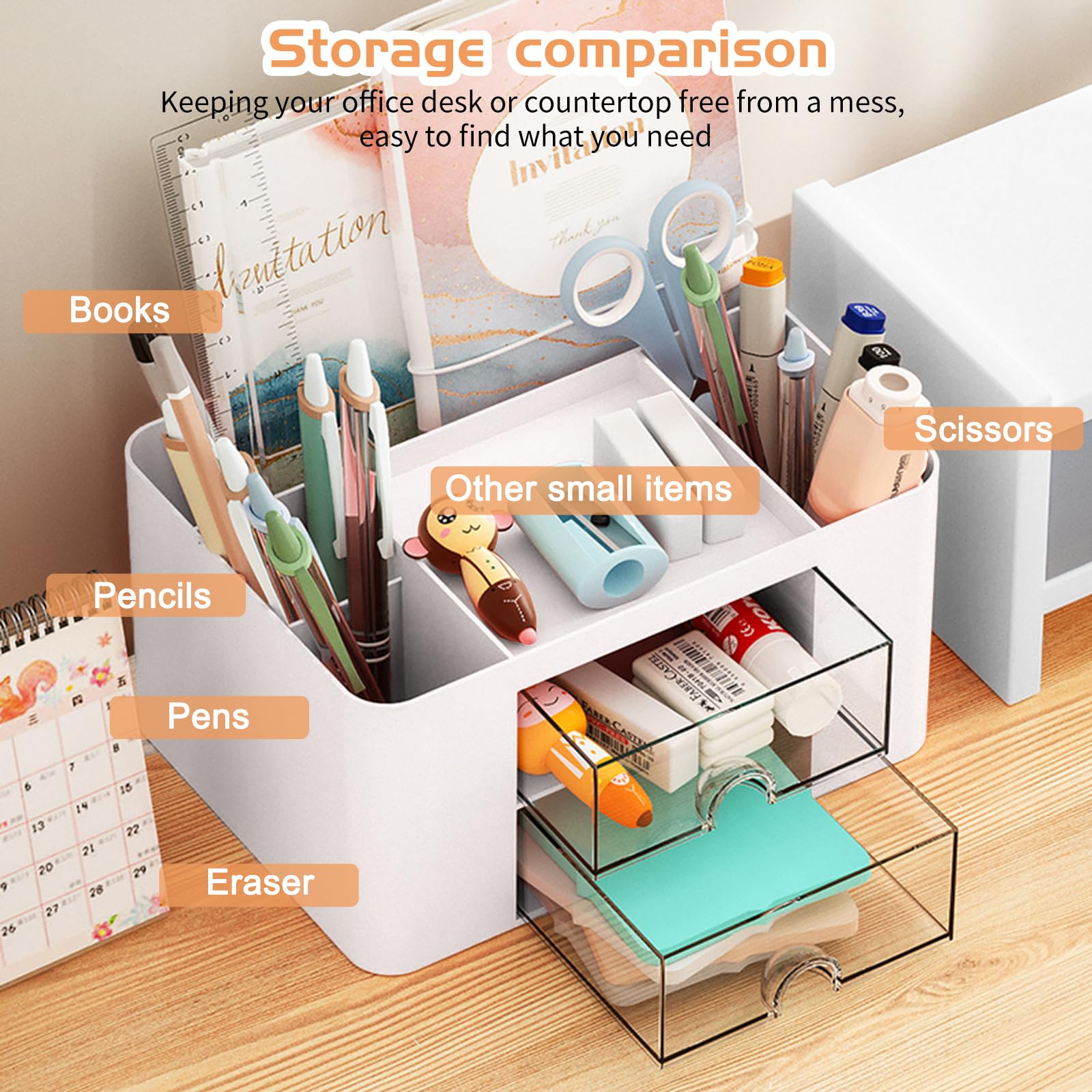 Desk organizer - Make up organizer - Bathroom organizer - Pen tray - Drawer cabinet - Office supplies - Cosmetics organizer - Brush holder - Desk organizer - Desk accessories - Storage box with drawers - White - 1 piece