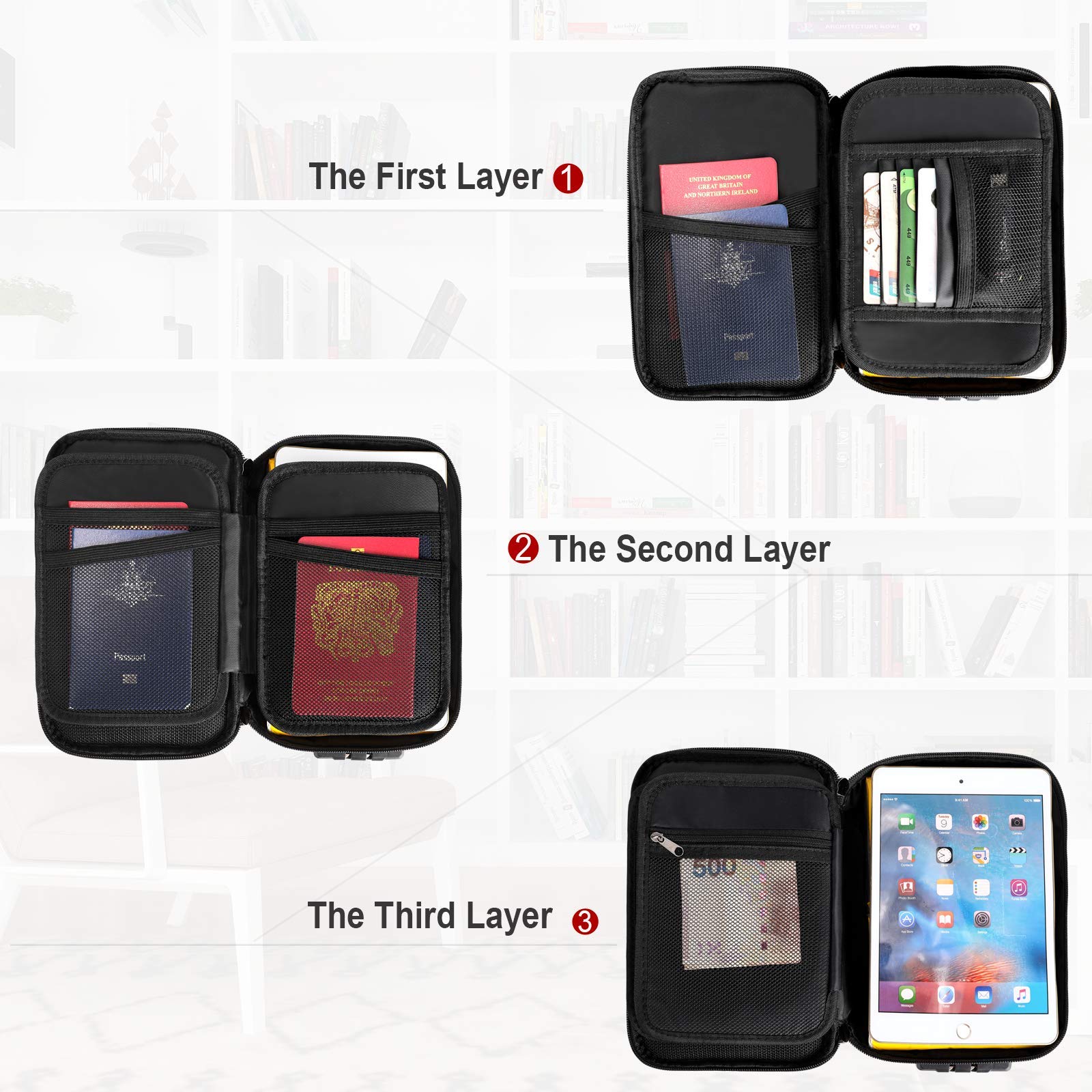 Document Organizer - Storage Bag with Combination Lock - Travel Folder - Documents - Passport Holder - Office Supplies - Security Bag - Water-Repellent - Tablet Storage - Administration - Holiday Accessories - Briefcase - Black - 1 Piece