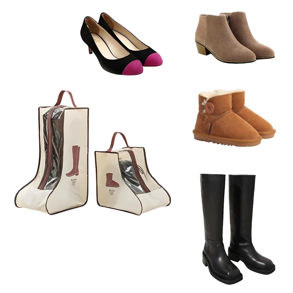 Boot Bag - Shoe Bag - Boot Storage - Dust Cover - Shoe Storage Bag - Travel Organizer - Transparent - Breathable - With Handle - Zipper - Protective Cover - High Boots - Ankle Boots - White - Set of 2