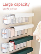 Underwear organizer - Sock organizer - Wardrobe organizer - Wall mounted - No drilling - Storage box with 6 compartments - Lingerie storage - Self-adhesive - Cable organizer - Transparent - Storage system - Space saving - White - 1 piece