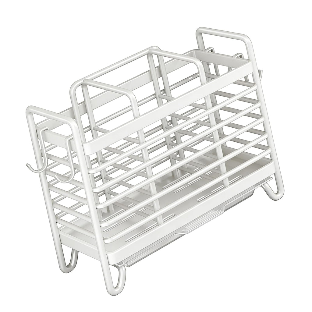 Cutlery Holder - Kitchen Organizer - Cutlery Tray - Countertop Organizer - Utensil Holder - Cutlery Rack - Cutlery Drainer - Spoon Holder - Drying Rack - Kitchen Accessories - With Drip Tray and Hooks - Metal - White - 1 Piece