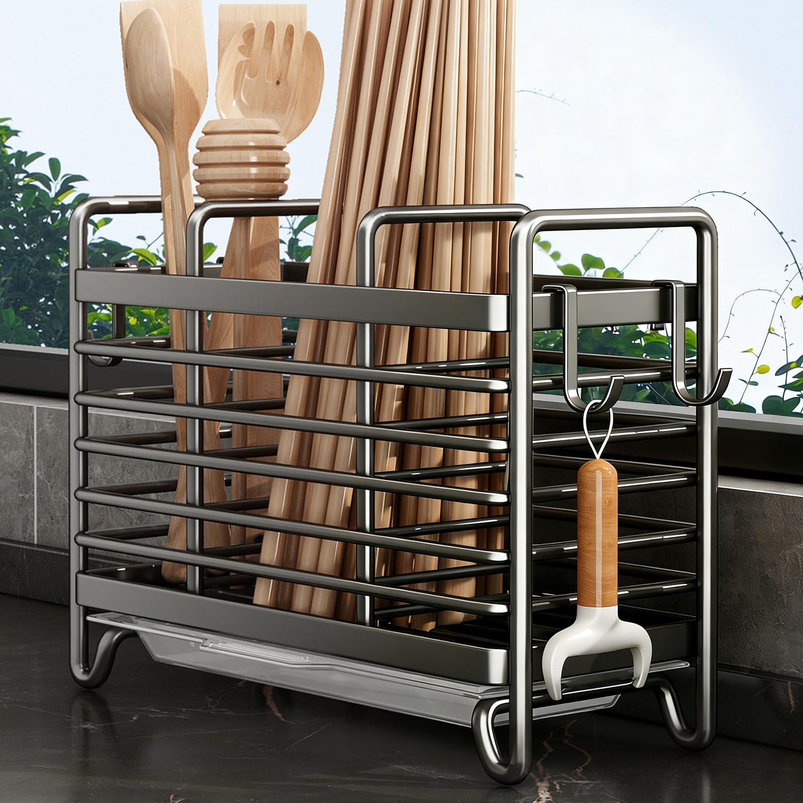 Cutlery Holder - Kitchen Organizer - Cutlery Tray - Countertop Organizer - Utensil Holder - Cutlery Rack - Cutlery Drainer - Spoon Holder - Drying Rack - Kitchen Accessories - With Drip Tray and Hooks - Metal - White - 1 Piece