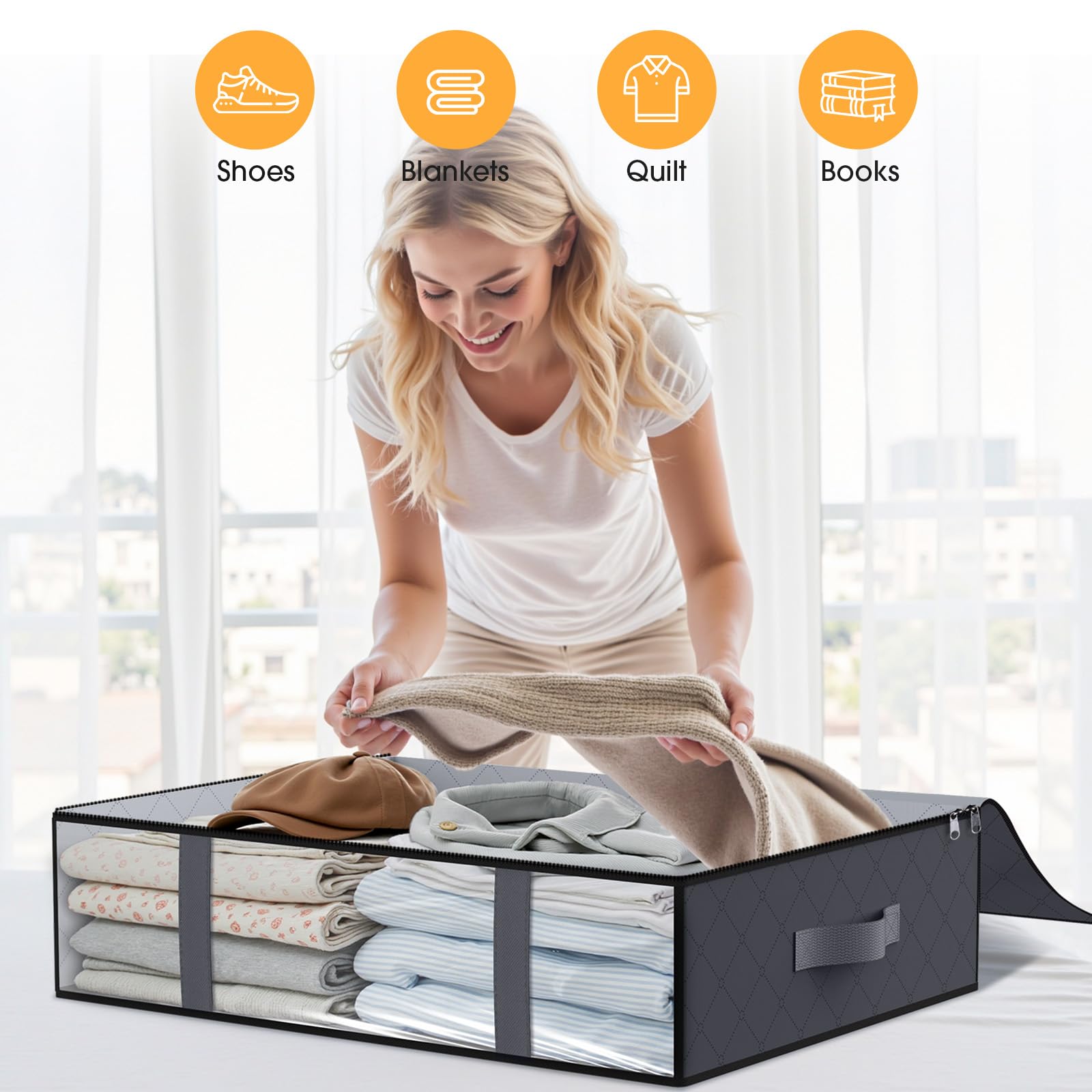 Clothing Storage Bag - Underbed Storage Box - Wardrobe Organizer - Duvet Storage Bag - Large Textile Storage Box - Foldable Storage Bags - Bedding Basket - Clothing Storage - Pillow Bag - Underbed Box Fabric - Storage - Gray - 3 Pieces