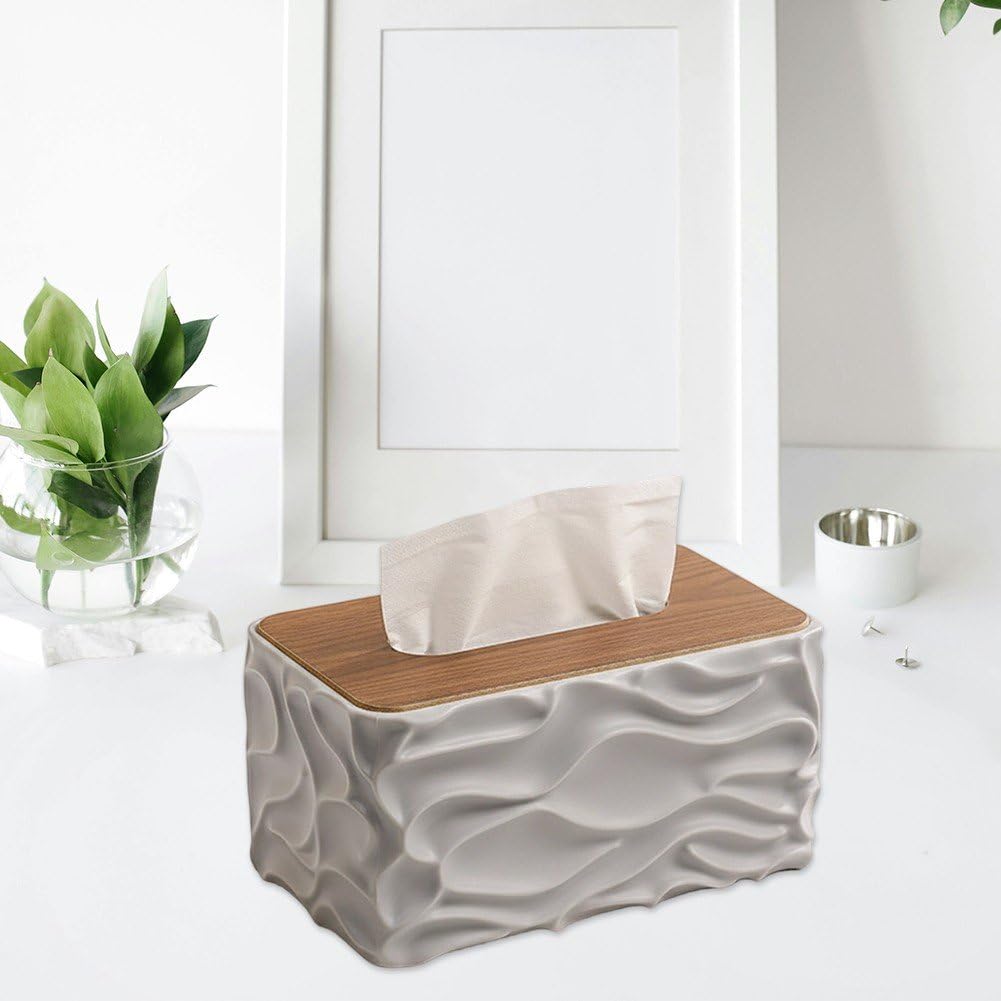 Tissue Box - Tissue Box - Handkerchief Box - Tissue Holder - Napkin Holder - Baby Wipes Box - Tissue Dispenser - Storage Box - Bathroom Accessories - Desk Organizer - Living Room Decoration - Bedroom Interior - Modern Design - Gray with Wood - 1 Piece