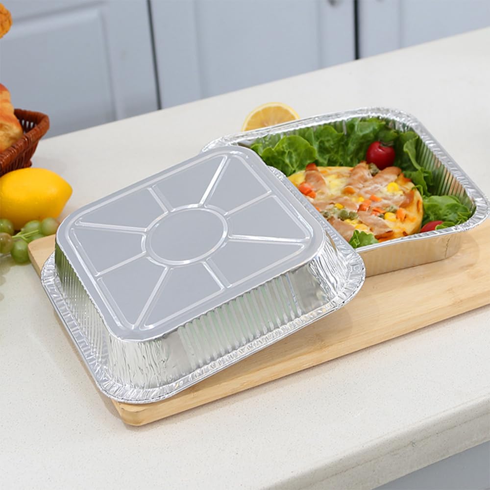 Aluminum Trays - Square Oven Dishes - Air Fryer Trays - Aluminum Bowls - Disposable Trays - BBQ Trays - Grill Accessories - Lasagna Dishes - Small Baking Pans - Heat Resistant - Food Containers - Catering - Greaseproof - Sturdy - Silver - 50 Pieces