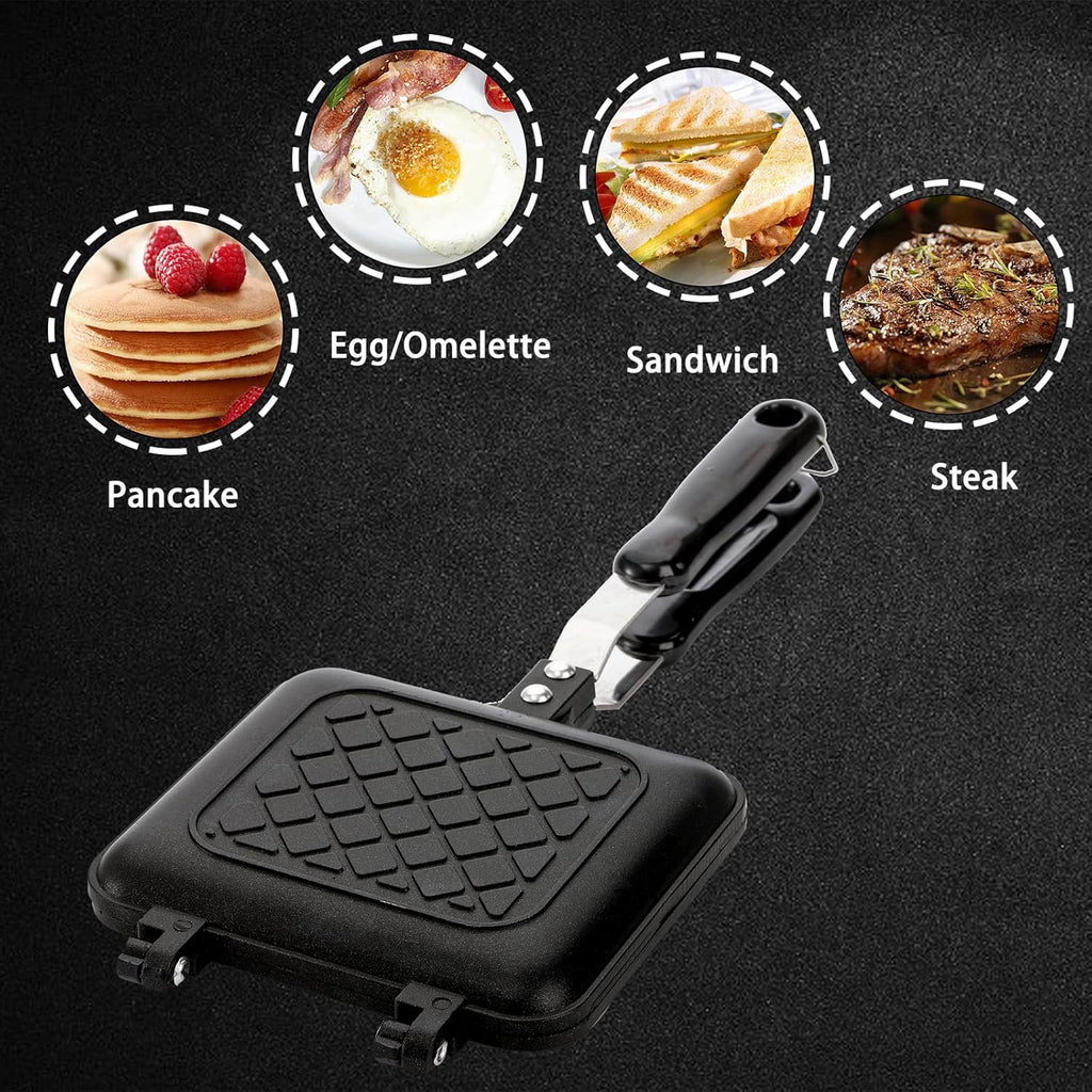 Sandwich Iron - Sandwich Maker - Grill Pan - Camping Sandwich Iron - Panini Grill - Frying Pan - Gas Stove Pan - Double-Sided Pan - Non-Stick Coating - Sandwich Clamp - Manual Toaster - Toaster - Breakfast Making - Kitchen - Black - 1 Piece