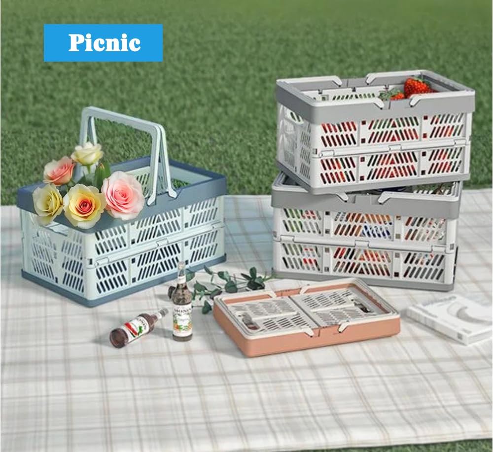 Folding Crate - Folding Crate - Shopping Basket - Storage Basket - Collapsible Basket - Shopping Crate - Storage Box - Plastic Crate - Camping - Car Organizer - Foldable - Stackable - With Handles - Trunk - Blue Gray - 1 Piece