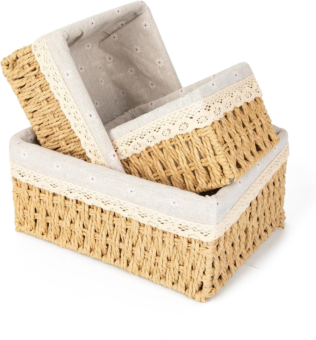 Storage Basket - Basket Set - Wicker Basket - Woven Basket - Cabinet Basket - Bathroom Basket - Storage Box - Drawer Organizer - Living Room - Bedroom - Bathroom Accessories - With Fabric Lining - Floral Print - Country Style - 3 Sizes - Natural - 3 Piece
