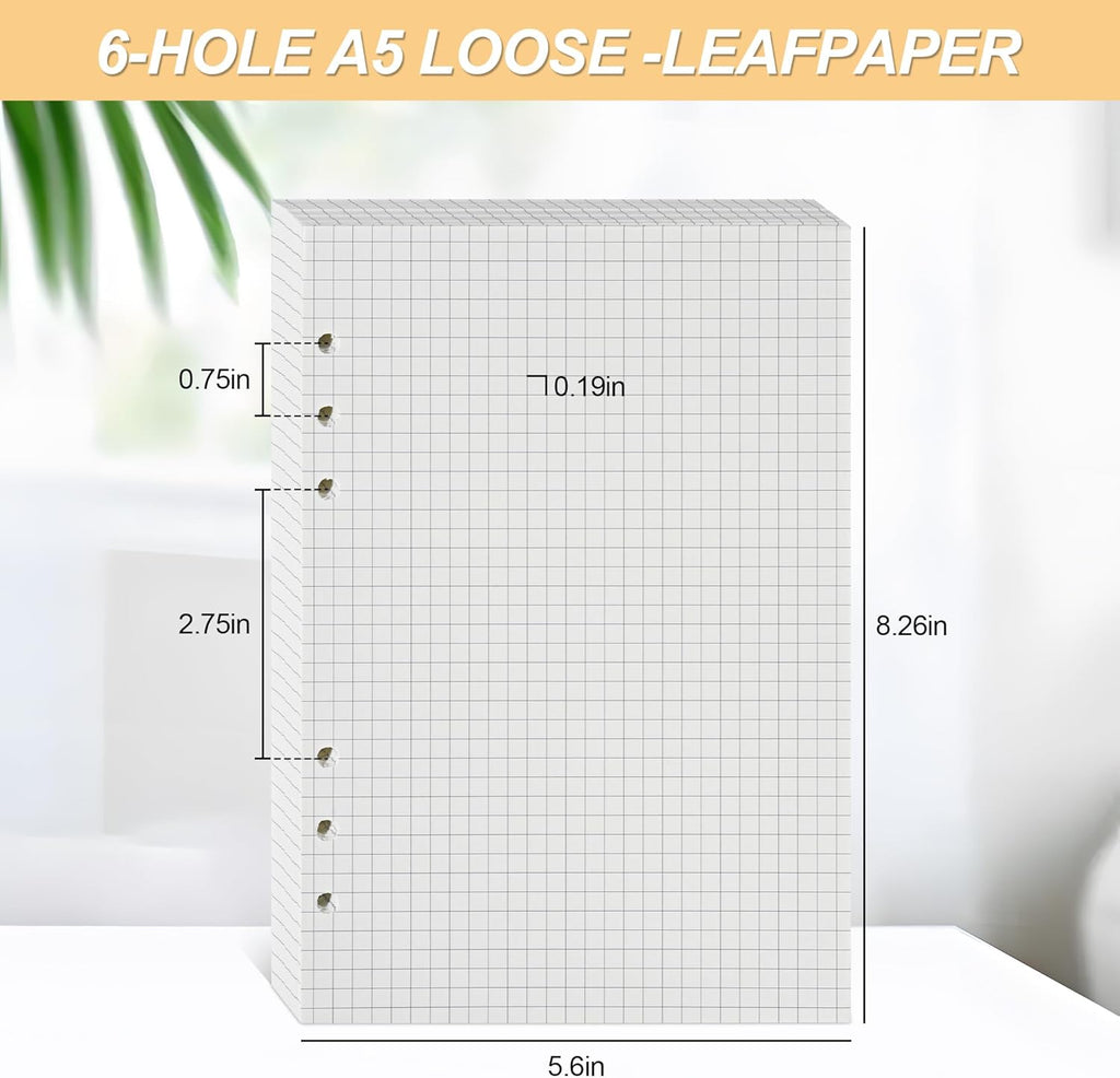 Notebook Refill A5 - Ring Binder Paper 6 Holes - Agenda Refill - Bullet Journal Paper - Refillable Notepad - Writing Paper - Planner Inserts - Office Supplies - School Supplies - Math Notebook -Checked White Graph Paper - 5 Pieces