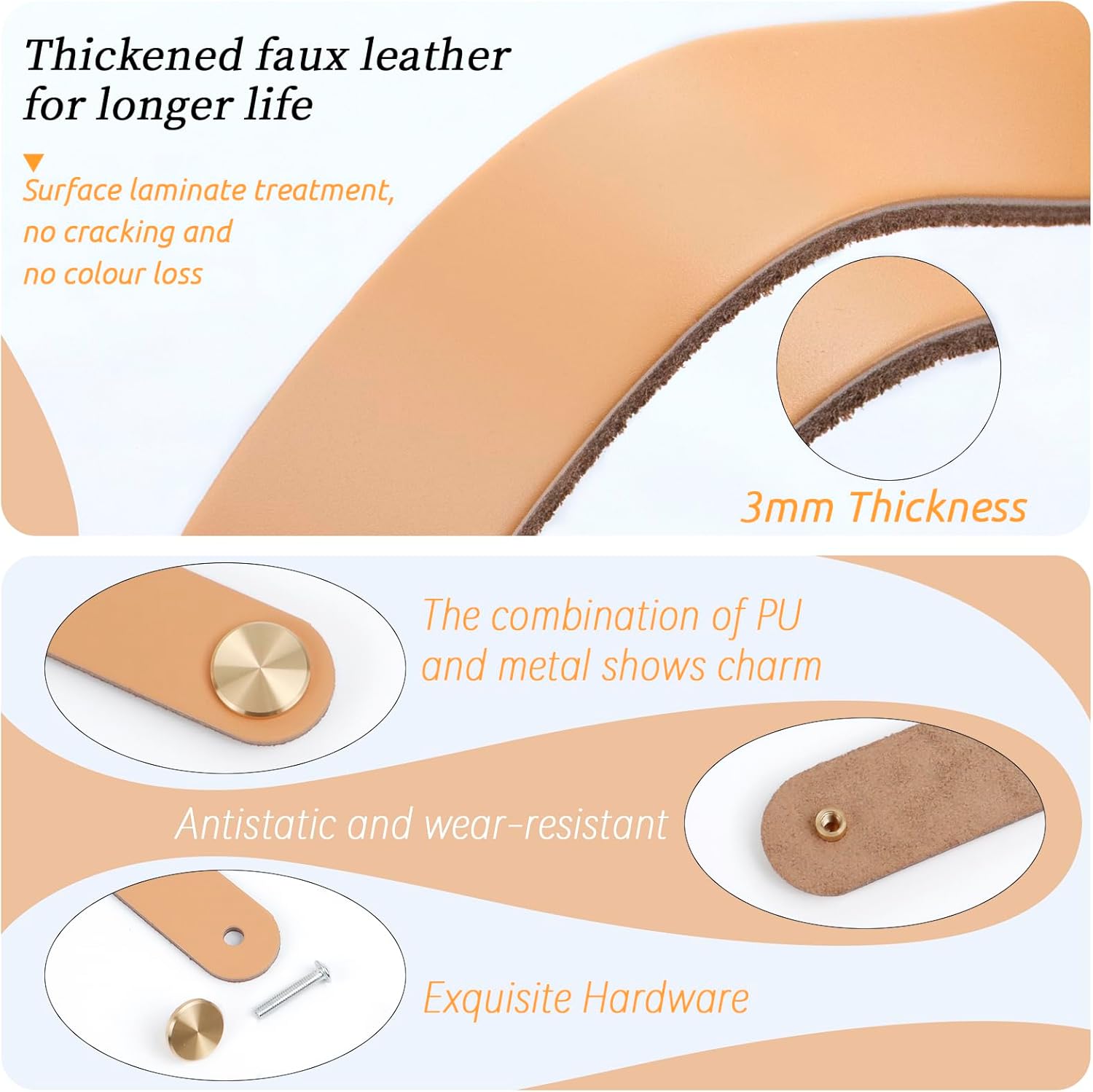Leather Handles - Furniture Handles - Kitchen Handles - Door Handles - Cabinet Handles - Drawer Knobs - Furniture Hardware - Kitchen Hardware - Handles - Leather - Leather - Kitchen Renovation - Scandinavian - Brass - Pitch 128mm - Handles - Beige - Set o