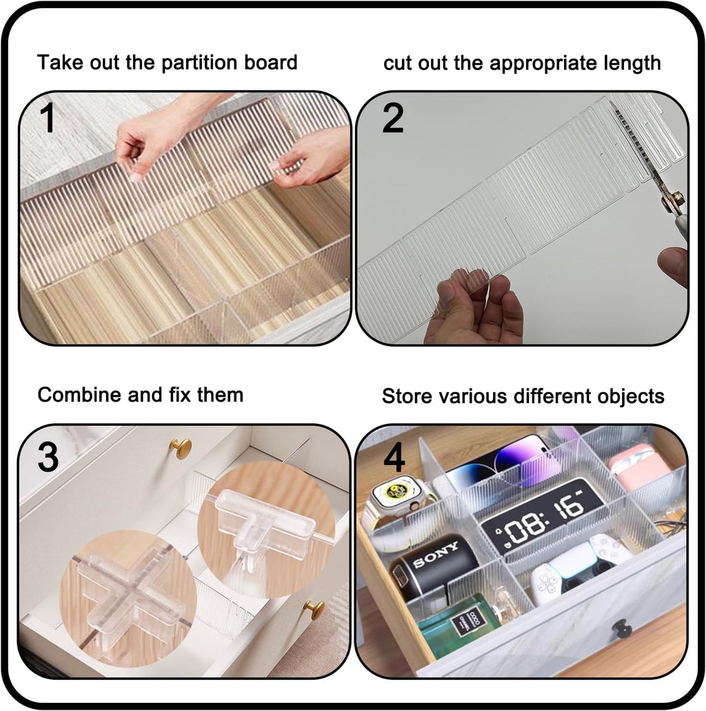 Drawer dividers with clips - Drawer organizer - Storage system - Adjustable drawer divider - Desk organizer - Kitchen drawer organizer - Make-up organizer - Drawer division - Sock organizer - Underwear organizer - Storage box drawer - 2mm - Transparent -