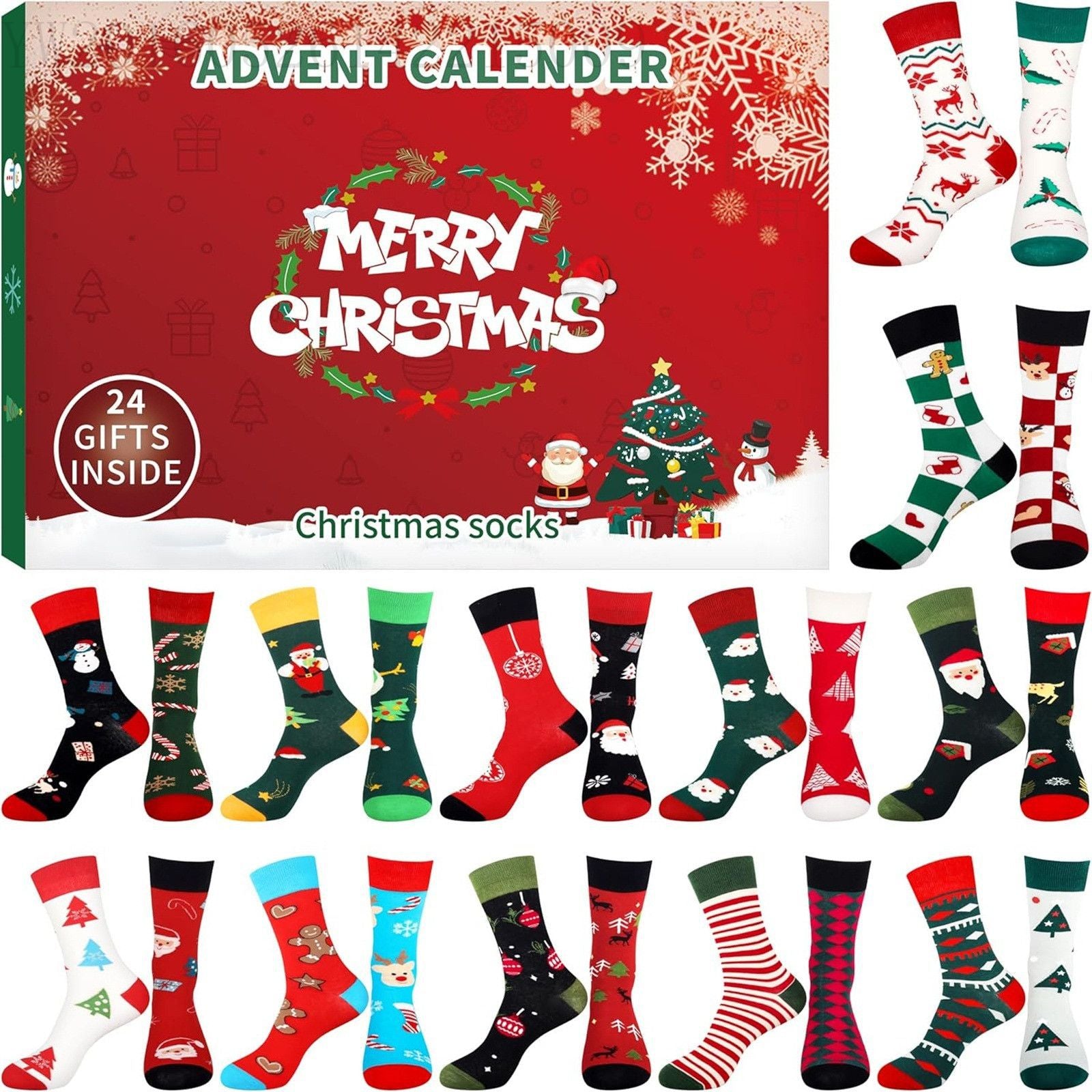 Advent Calendar 2024 with Socks - 24 Days with Different Christmas Patterns for Adults