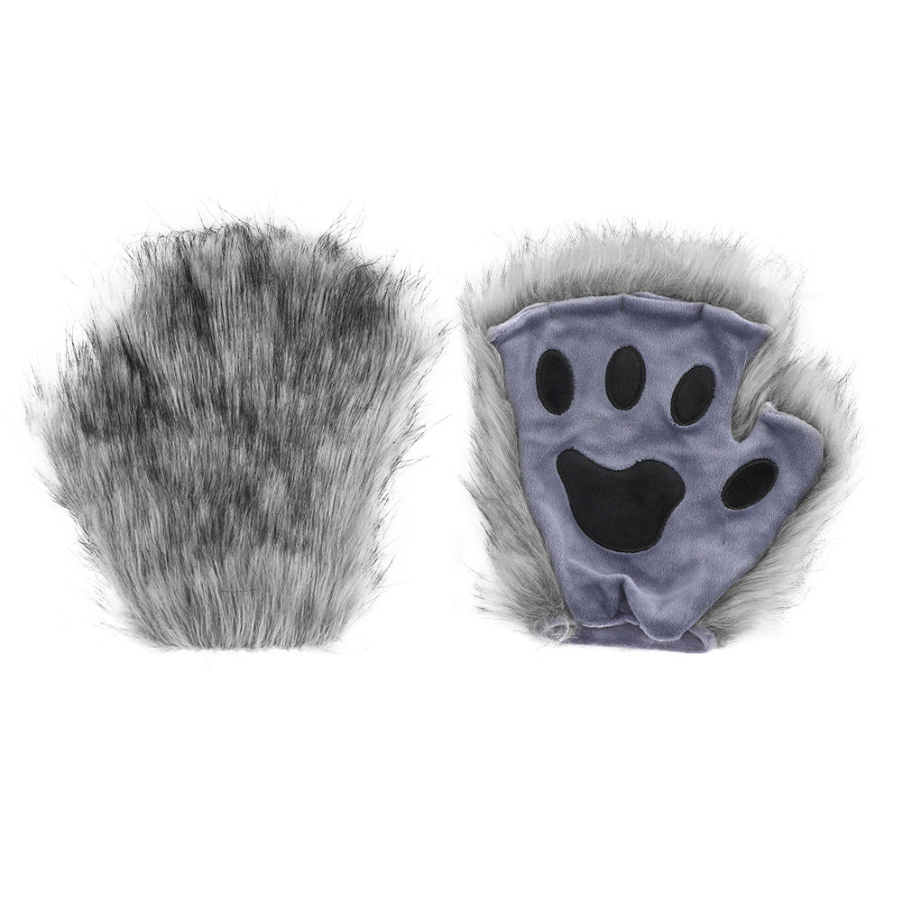 Halloween costume simulation fox mask gloves plush fox tail handmade animal tail cosplay props accessories Red, brown and white three-piece set One Size