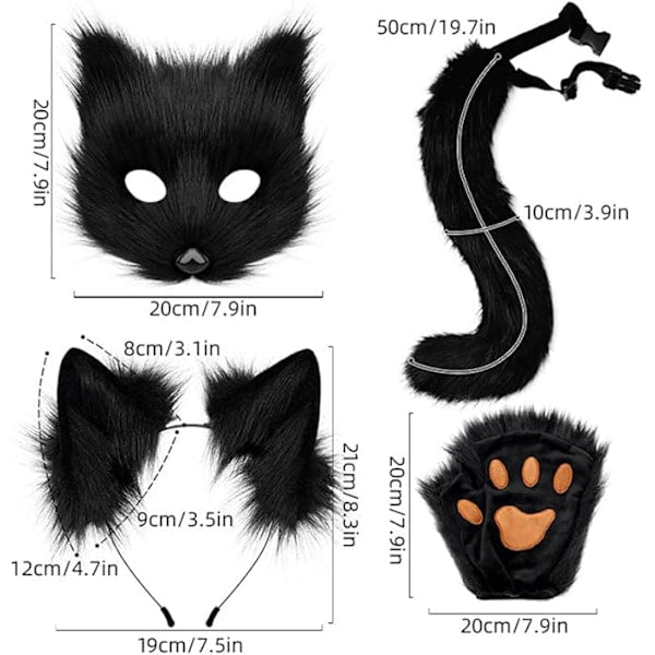 Plush mask with fox tail and ears set, cat tail fox costume cosplay costume with cat ears and paw gloves halloween cosplay gray grey