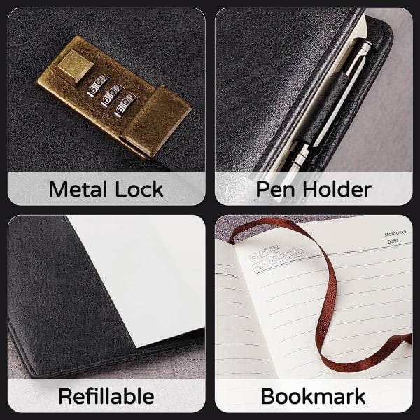 Diary with Lock, A5 PU Leather Journal with Lock, 240 Pages, Vintage Lock Journal Password Protected Notebook with Pen and Gift Box, 22 x 14.7 cm