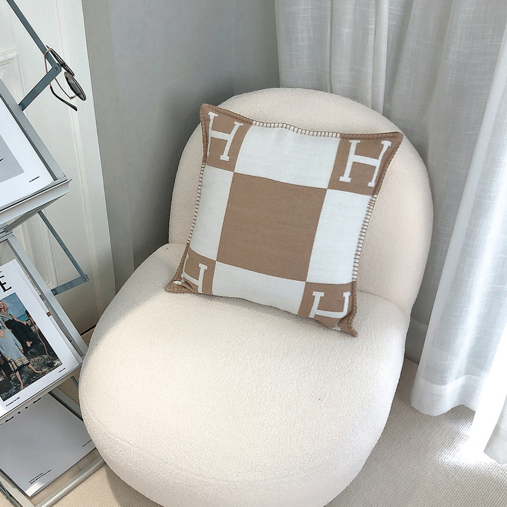 H-pillow Nordic model room lunch break sofa cushion car waist back cushion wool knitted cushion - khaki_MGF