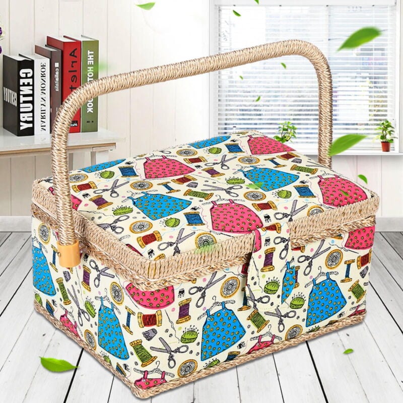 Sewing Accessories Basket with Removable Tray, 3 Colors, Needle and Thread Organizer, Fabric Storage Box with Pincushion and Inner Pocket, Home Craft Tools