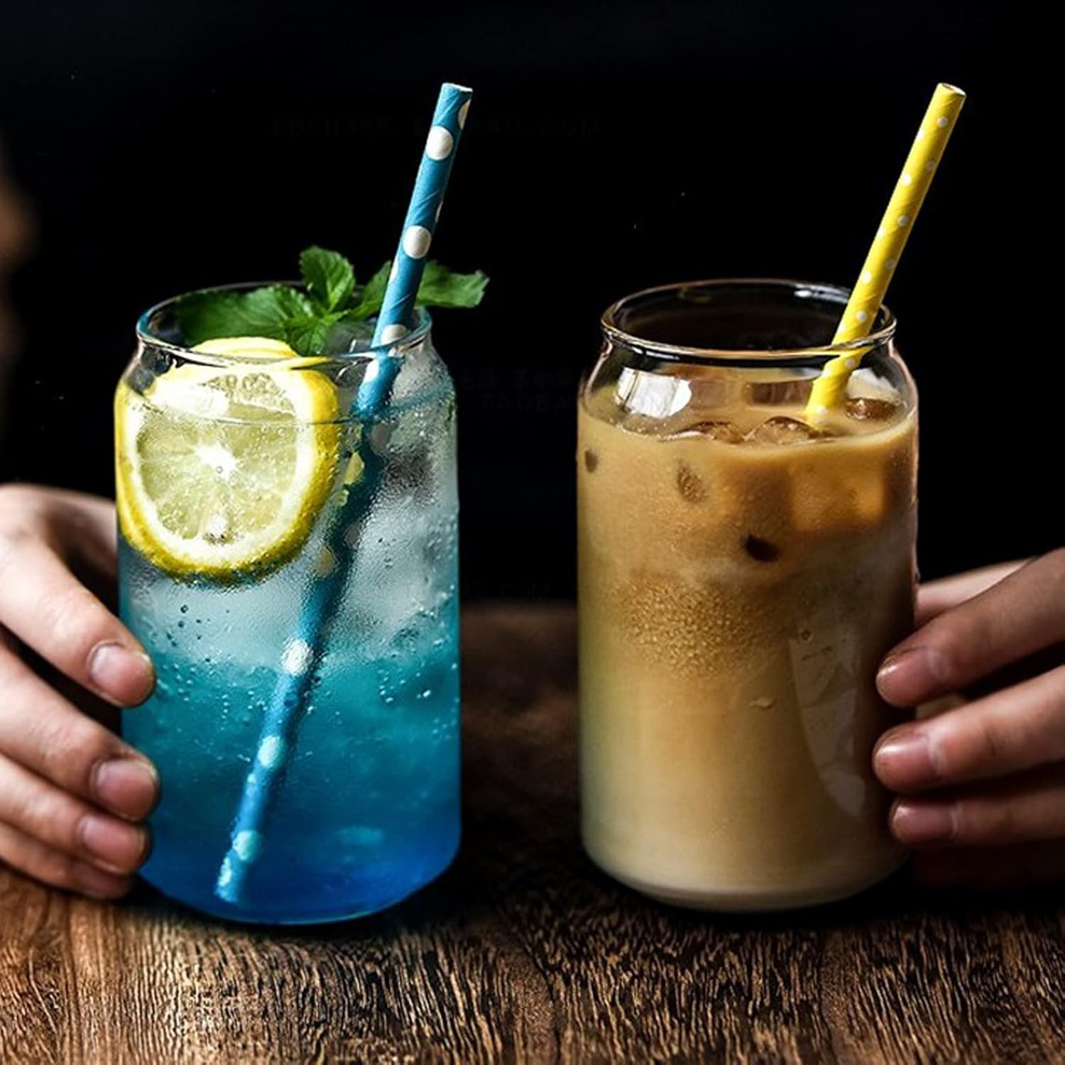 pcs Drinking Glasses with Bamboo Lid and Straw, Beer Can Shaped Iced Coffee Cup for Milk, Coffee, Ice Water, Cocktail (500ml)