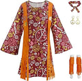 Hippie Disco 70s Costume for Women, Headband, Dress, Ankle Socks, Peace Symbol for Ladies Cosplay Party Orange L Orange L_max Orange L