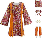 Hippie Disco 70s Costume for Women, Headband, Dress, Ankle Socks, Peace Symbol for Ladies Cosplay Party Orange L Orange L_max Orange L