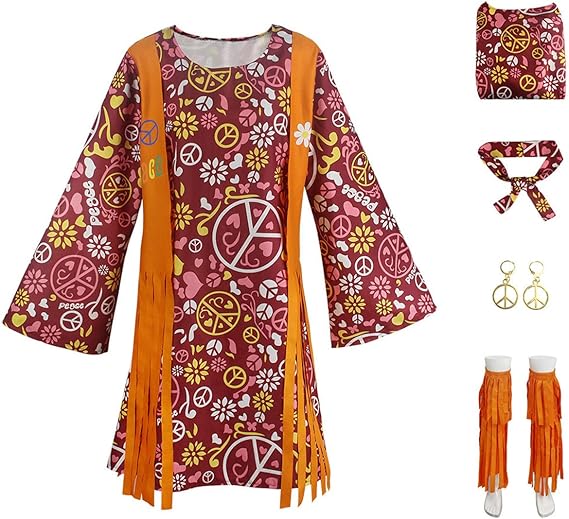 Hippie Disco 70s Costume for Women, Headband, Dress, Ankle Socks, Peace Symbol for Ladies Cosplay Party Orange L Orange L_max Orange L