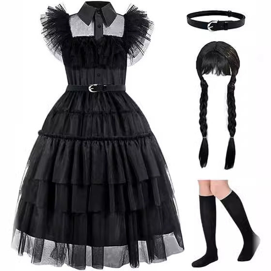 Girl's dress cosplay Wednesday Brigitte princess dress lace details puff sleeves children Wednesday 4 pcs 150 Wednesday 4pcs 150