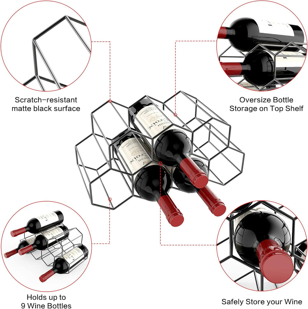 Freestanding Metal Wine Rack for 9 Bottles - Black, Tabletop Wine Rack