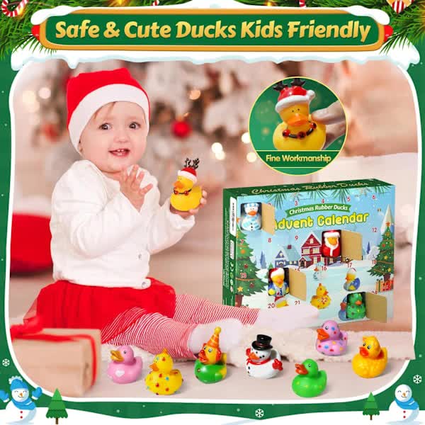 Advent Calendar 2025 Christmas Rubber Ducks - 24 Days Christmas Countdown Calendar Gifts for Kids Girl Boy Christmas Fun Duck Bath Toy