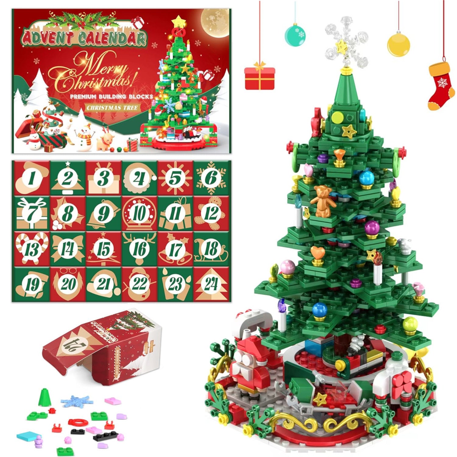 Advent Calendar 2024 Christmas Tree Building Kit Toy, 1066 Pieces Christmas Countdown Calendar, 24 Days Building Block