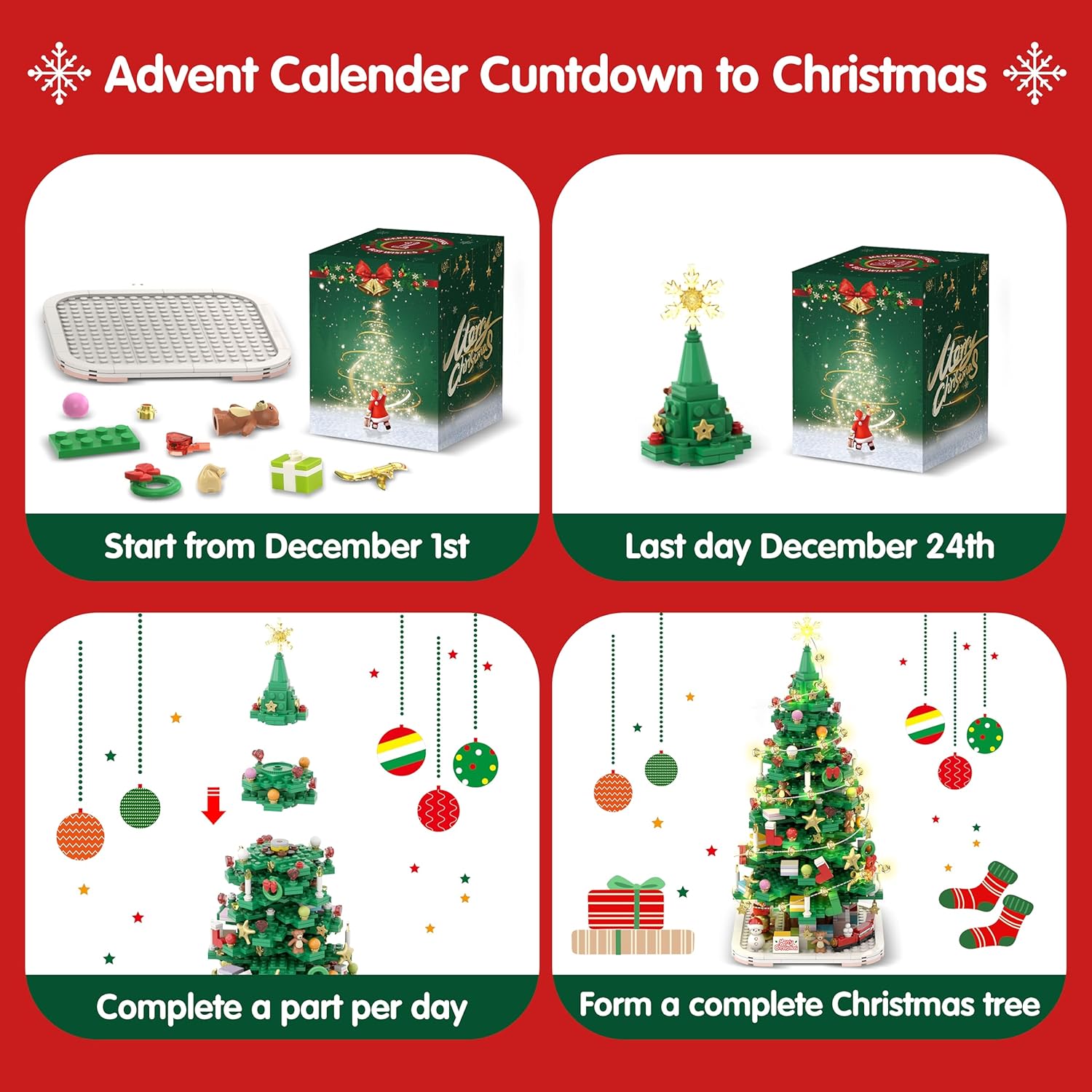 Advent Calendar 2024 Christmas Tree Building Kit Toy, 1066 Pieces Christmas Countdown Calendar, 24 Days Building Block