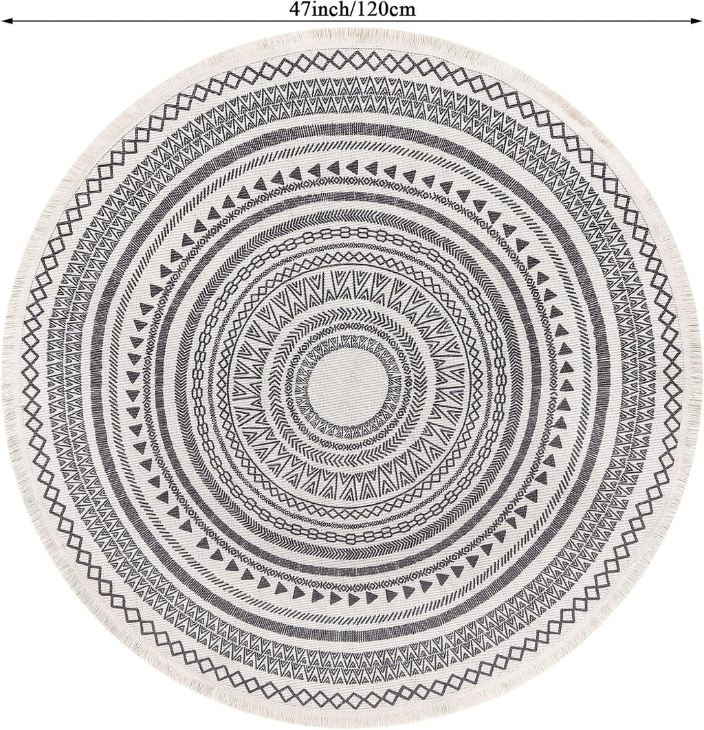 Grey Round Woven Cotton Rug with Fringes 120cm Washable Absorbent Rug Moroccan Style Print 120*120CM—yux 120*120CM