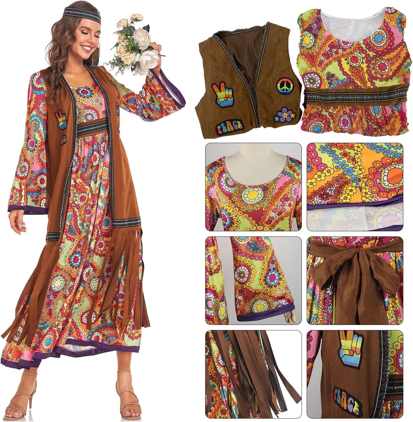 60s costume women, hippie women's dress set, 70s disco halloween outfits, hippie clothing women's costume, 60s clothing accessories M