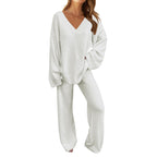 Women's 2-Piece Set Fuzzy Fleece Pajamas Set Long Sleeve Loungewear White White L