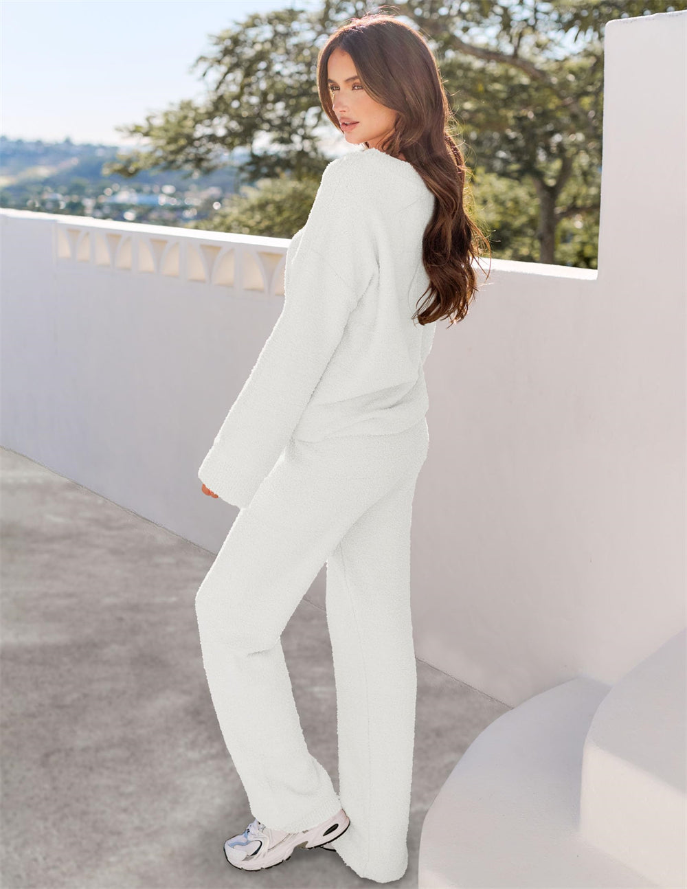 Women's 2-Piece Set Fuzzy Fleece Pajamas Set Long Sleeve Loungewear White White L